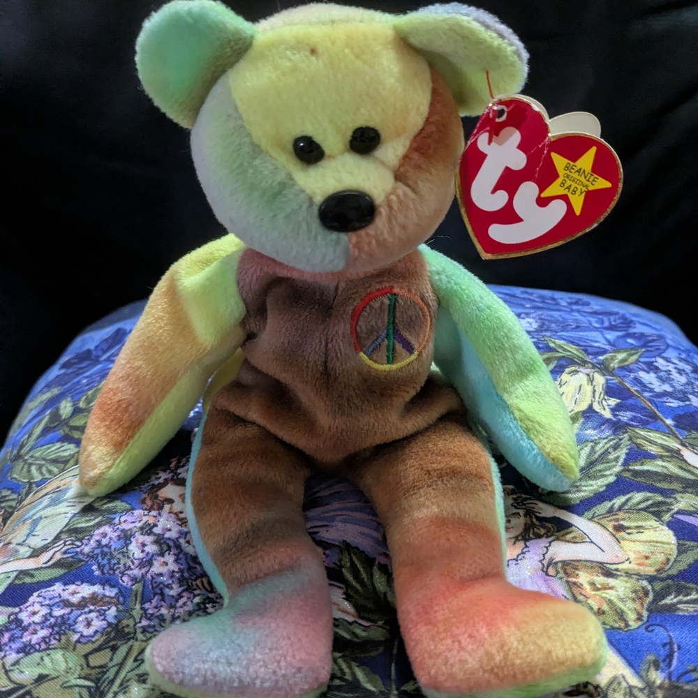 Ty 1996 Peace Bear Beanie Baby with Multicolor Design